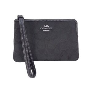Coach Corner Zip Wristlet Signature Jacquard Black Monogram Womens NWT